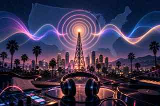 Editorial illustration of a radio tower broadcasting colorful sound waves across a U.S. city skyline, symbolizing JENNIE and Tame Impala's crossover success on American radio.