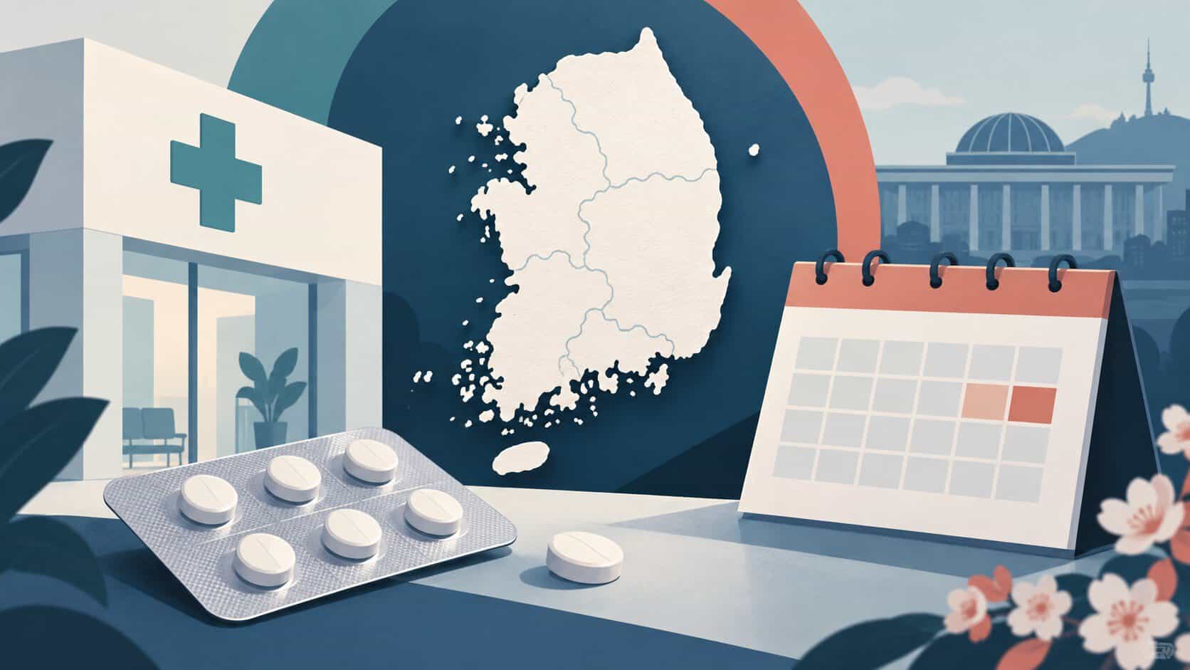 Editorial illustration of medication tablets, a calendar and a South Korea outline representing the planned introduction of abortion pills.